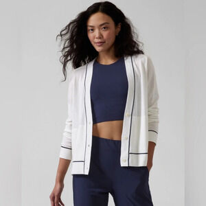 ATHLETA Wool Lyocell Cream & Black Boxy Button Down Cardigan XS